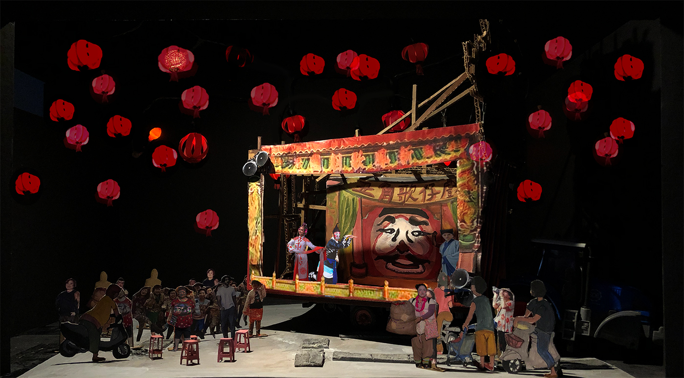 photograph of a 3 dimensional stage set made out of cut out photos